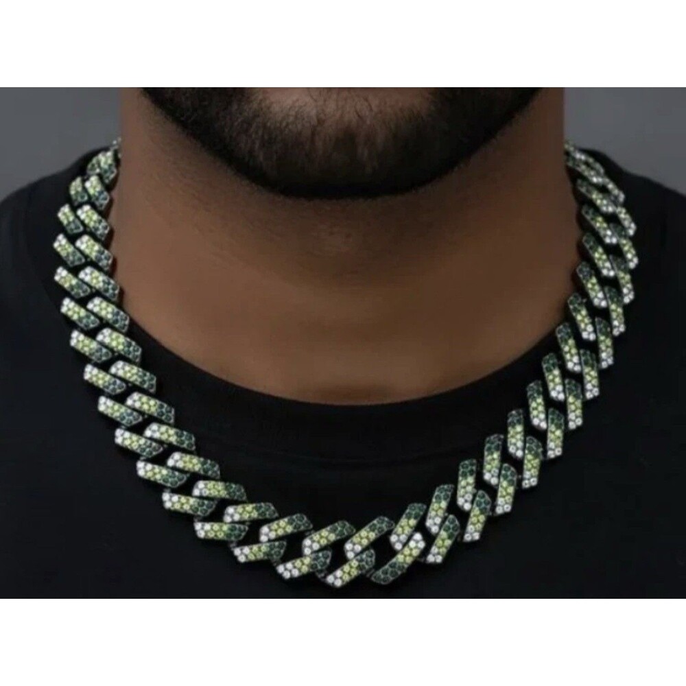 Cuban Link Camo Drip Chain 22” SS Gunmetal/Green/Silver AUS Crystals